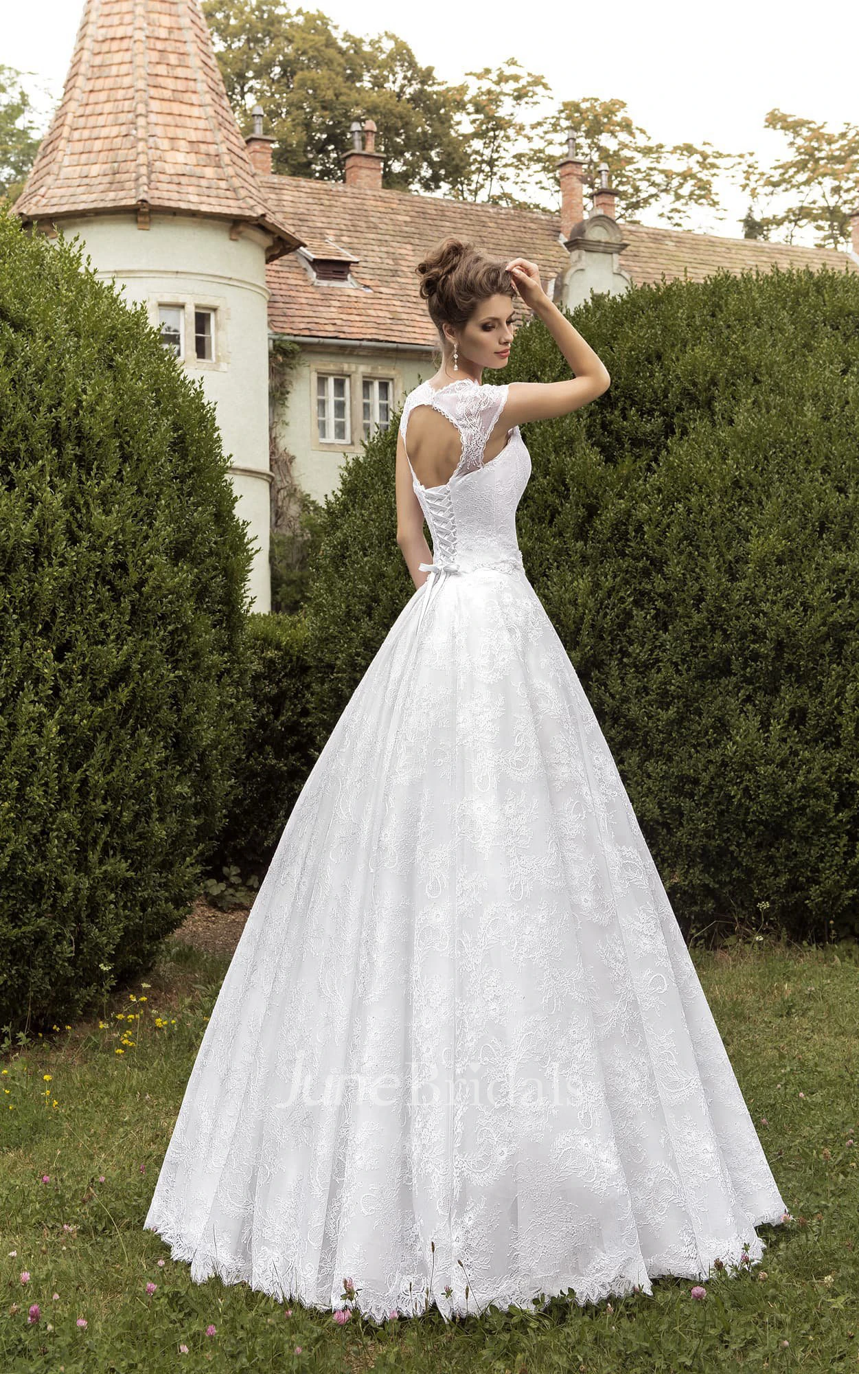 A-line  V-neck Keyhole Back Lace Dress With Crystal Detailing 