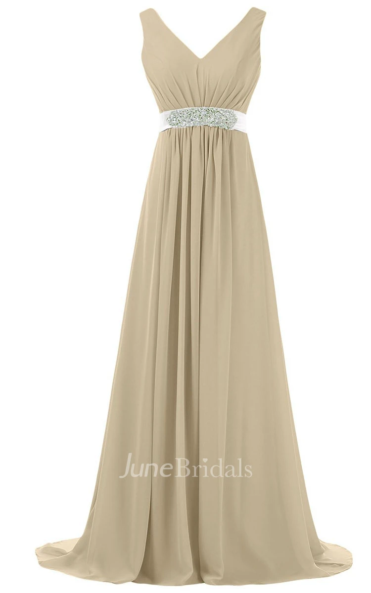 V-neck Pleated Chiffon A-line Gown With Beaded Band
