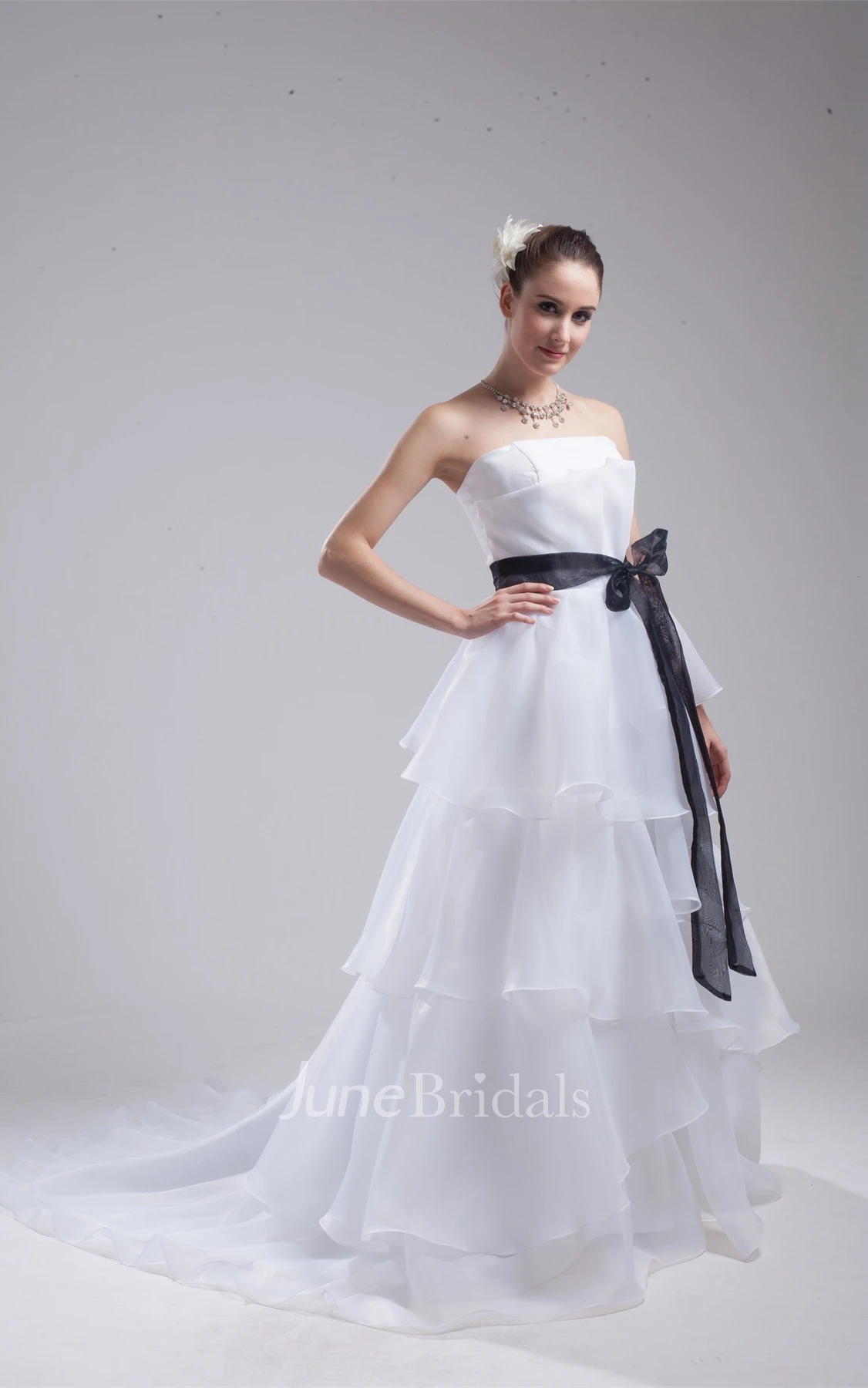 Strapless A-Line Ruched Dress with Ruffles and Ribbon