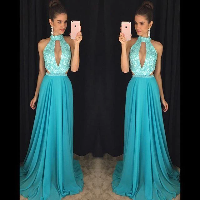 Newest High Neck Royal Blue Prom Dress Lace A-line