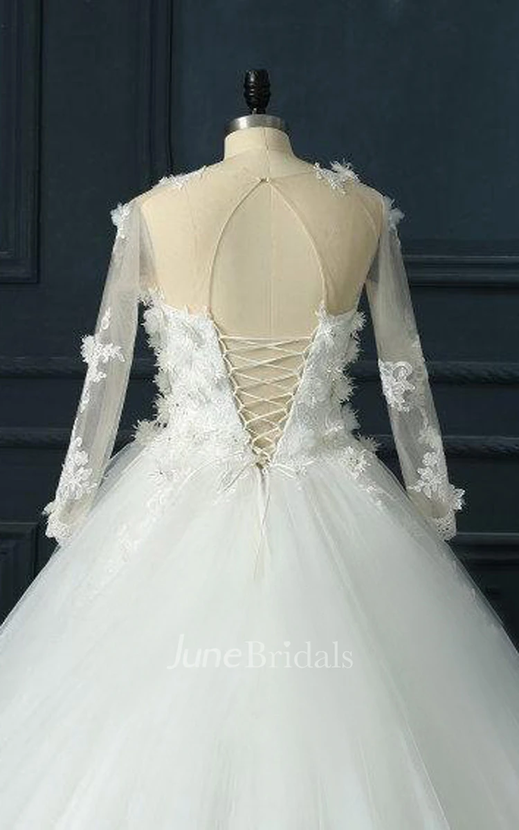 Long Sleeve Tulle Lace Satin Dress With Flower Illusion