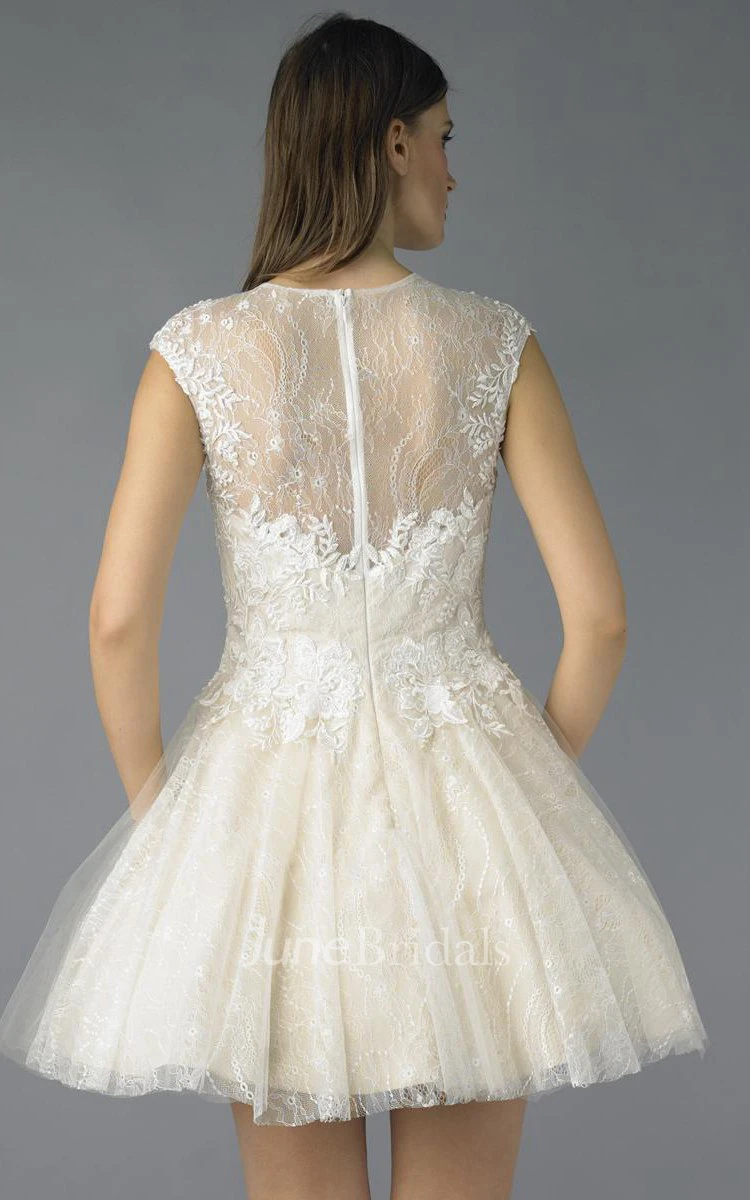 A Line Short Mini High Neck Short Sleeve Lace Illusion Dress