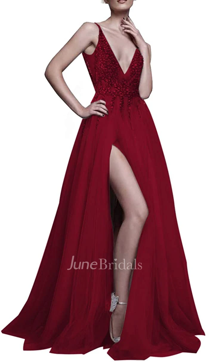 Romantic A Line V-neck Tulle Sleeveless Prom Dress