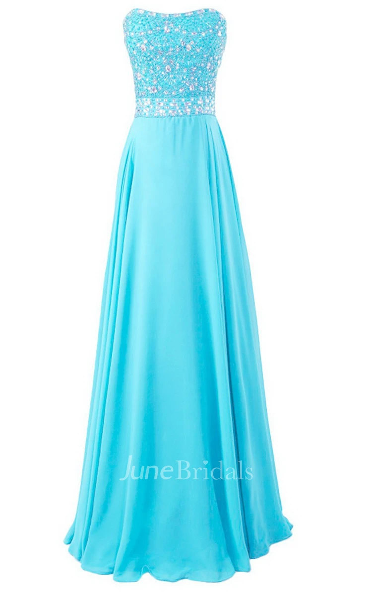 Strapless Long Satin Dress With Beaded Bodice