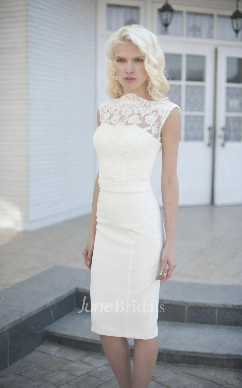 High-Neck Elegant Knee-Length Wedding Dress With Lace Bodice