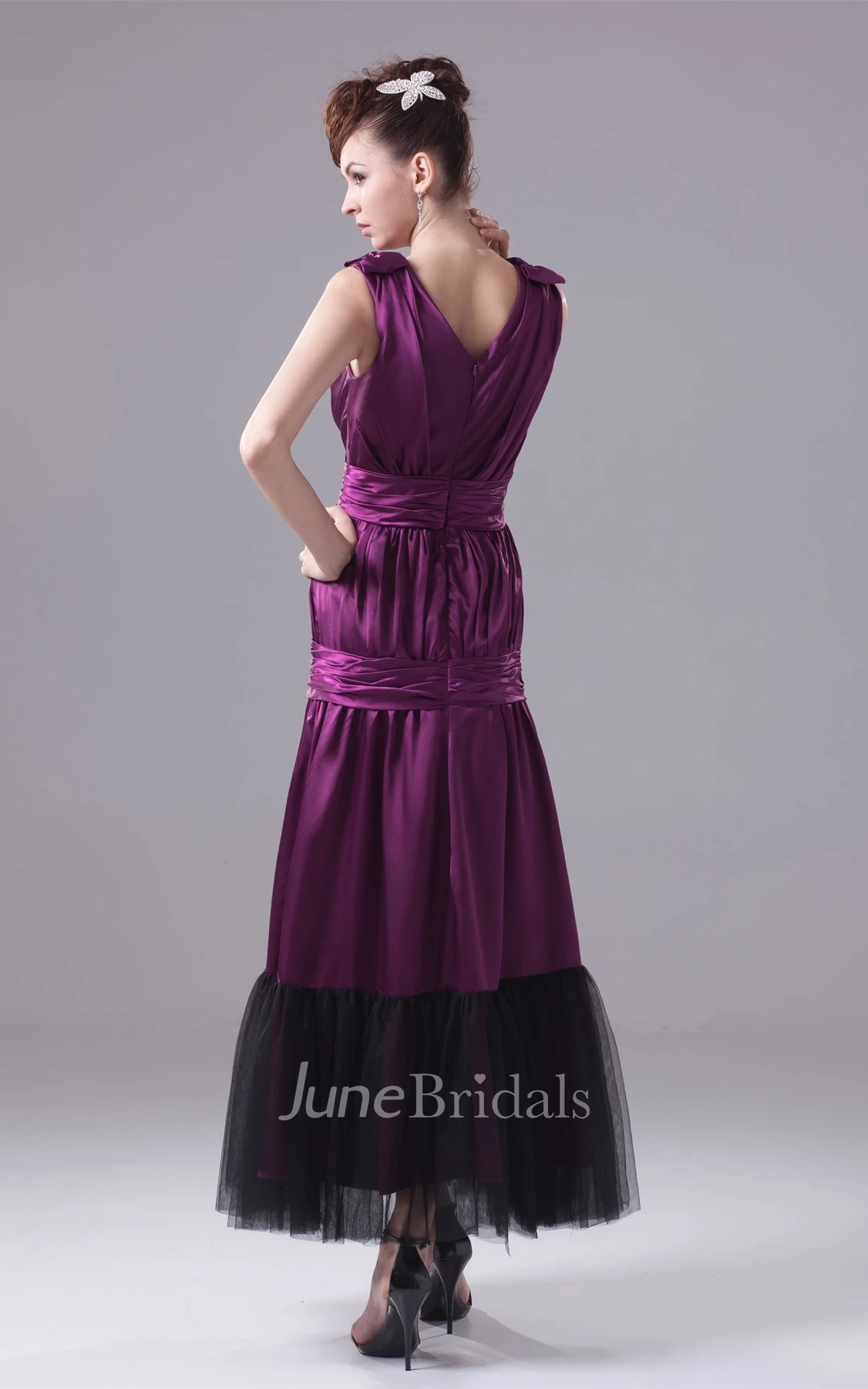 Sleeveless Square-Neckline Ruched A-Line Gown with Cinched Band and Beadings