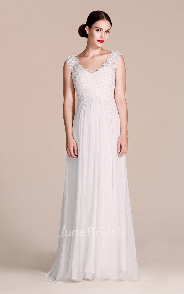 Sleeveless V-neck Chiffon Dress With Lace Bodice