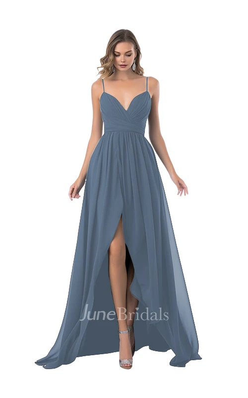 Romantic A-Line Spaghetti Chiffon Bridesmaid Dress with Split Front