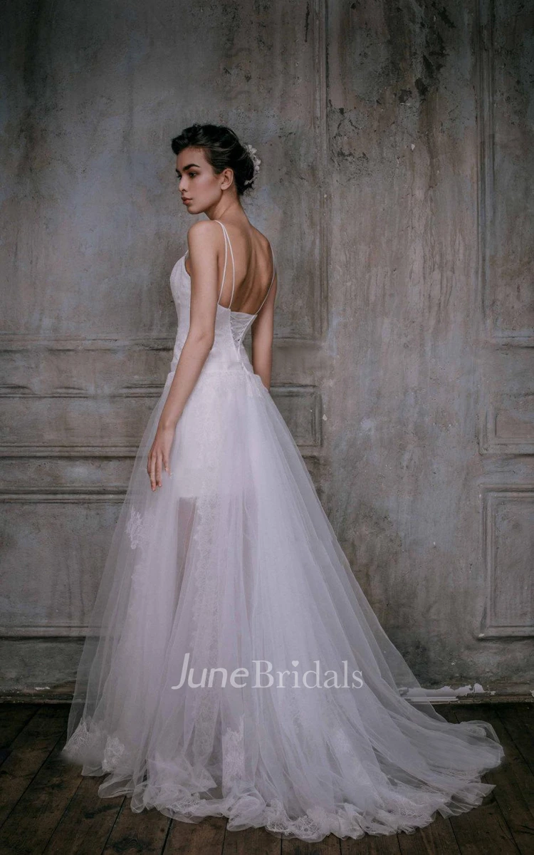 A-Line Tulle Spaghetti Pleated Dress With Corset Back