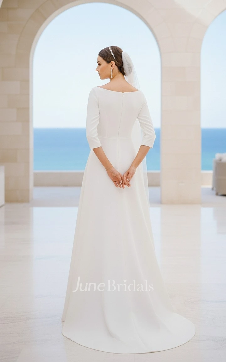 Modern A-Line Boat Neck 3/4 Sleeves Minimalist Spring Wedding Dress Chic Satin Sweep Train Bridal Gown