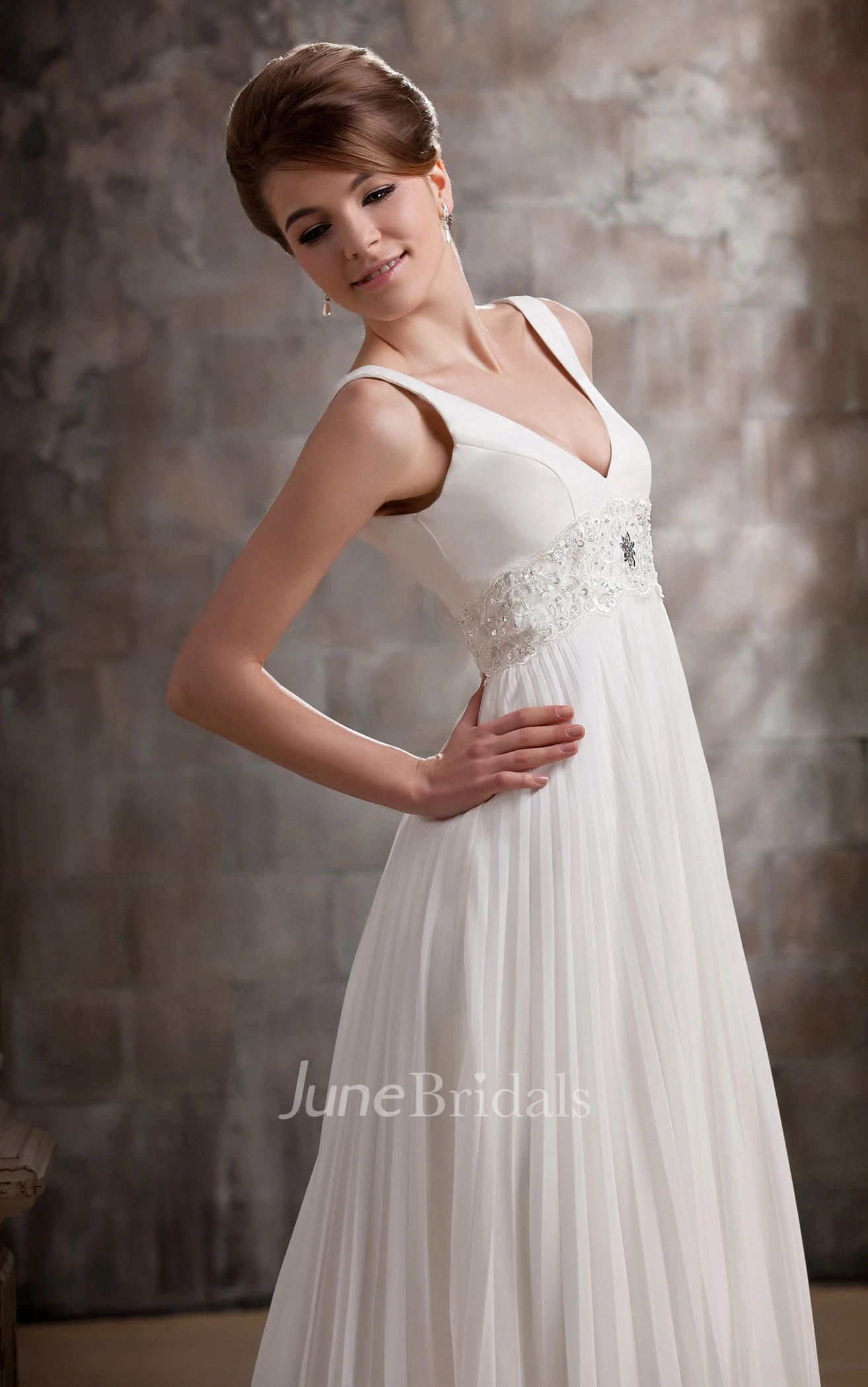 Plunged Pleated Floor-Length Dress With Beaded Waist