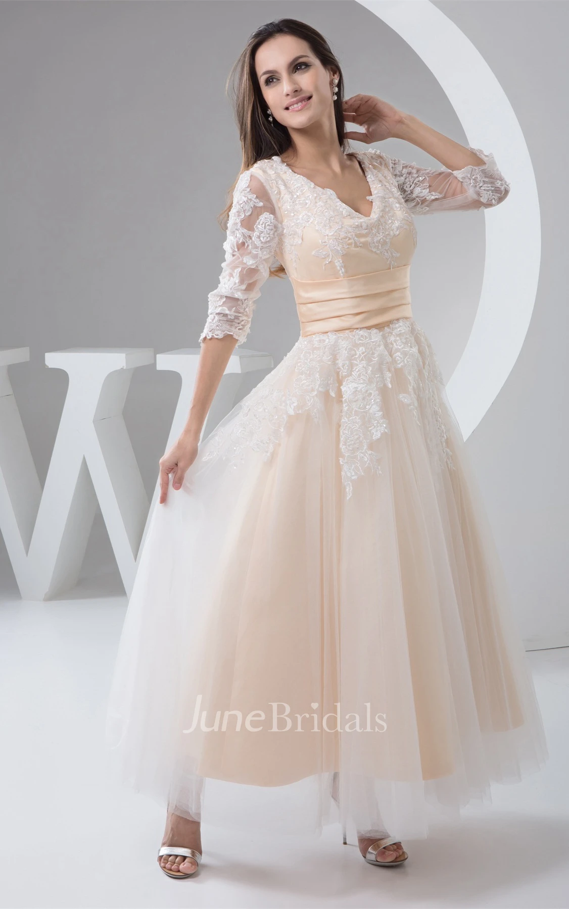 Deep-V-Neck Lace Half-Sleeve Ankle-Length Dress with Pleats