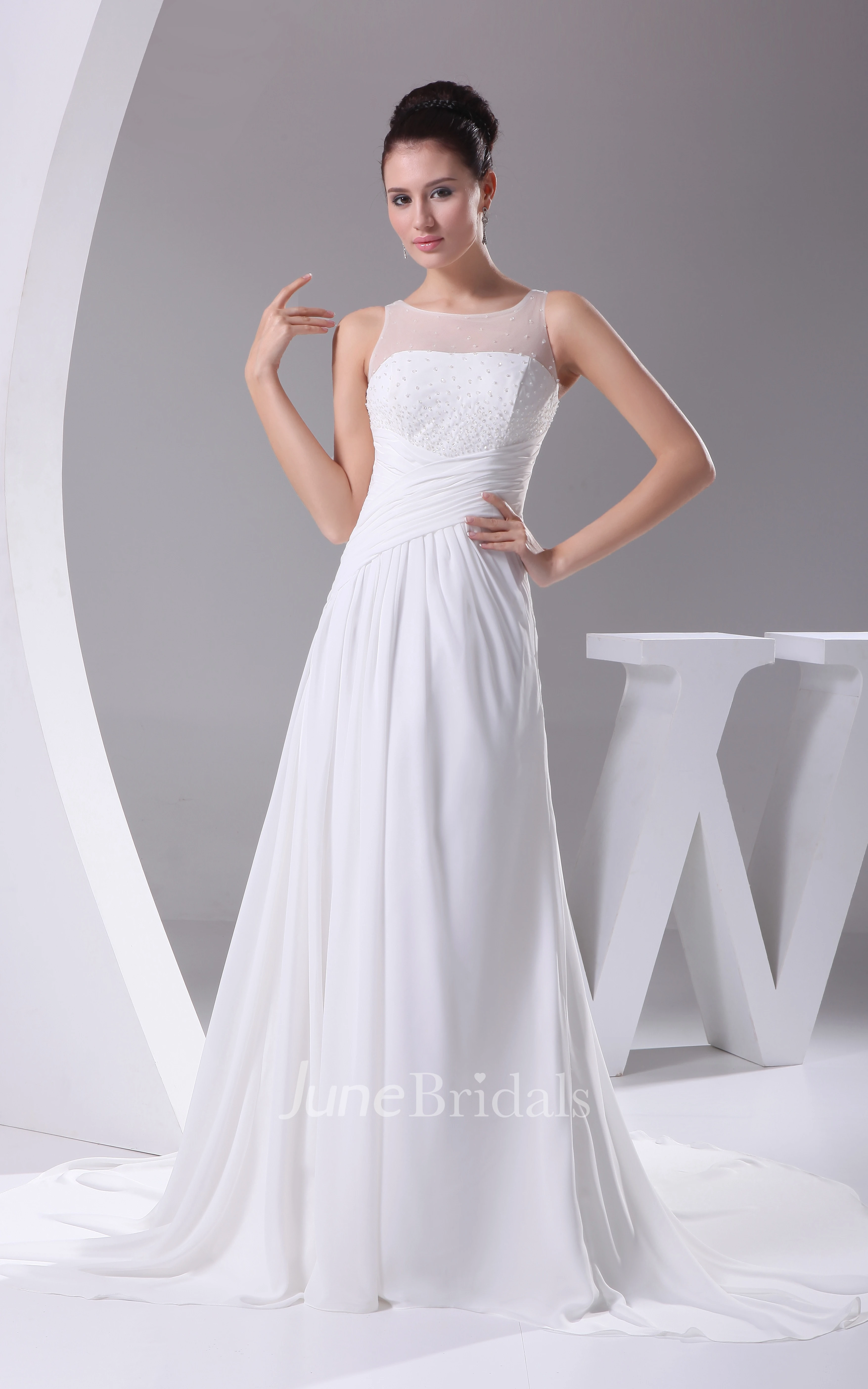 Illusion-Neck Criss-Cross Ruched Chiffon Dress With Beading