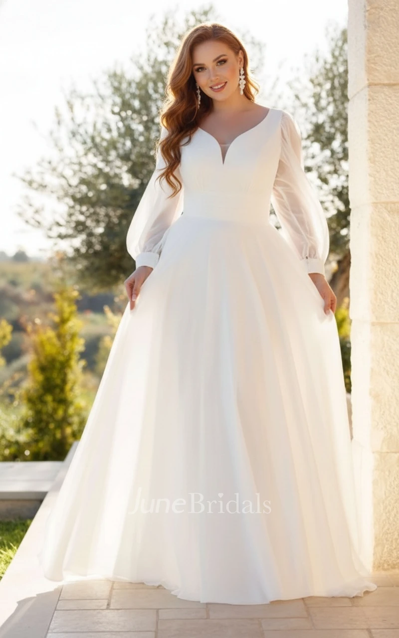 Romantic Plus Size Chiffon Wedding Dress with Long Sleeves and V-Neck A-Line Bridal Gown