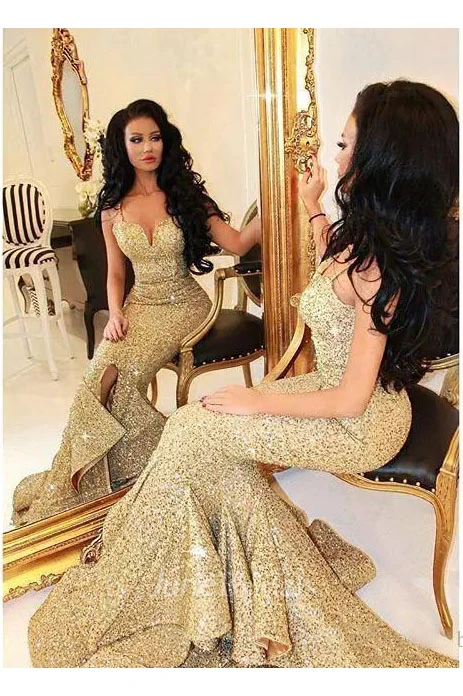 Straps Neck SweetheartMermaid Trumpet Sequins Sexy Floor-length Sleeveless Beading Sequins Evening Dress