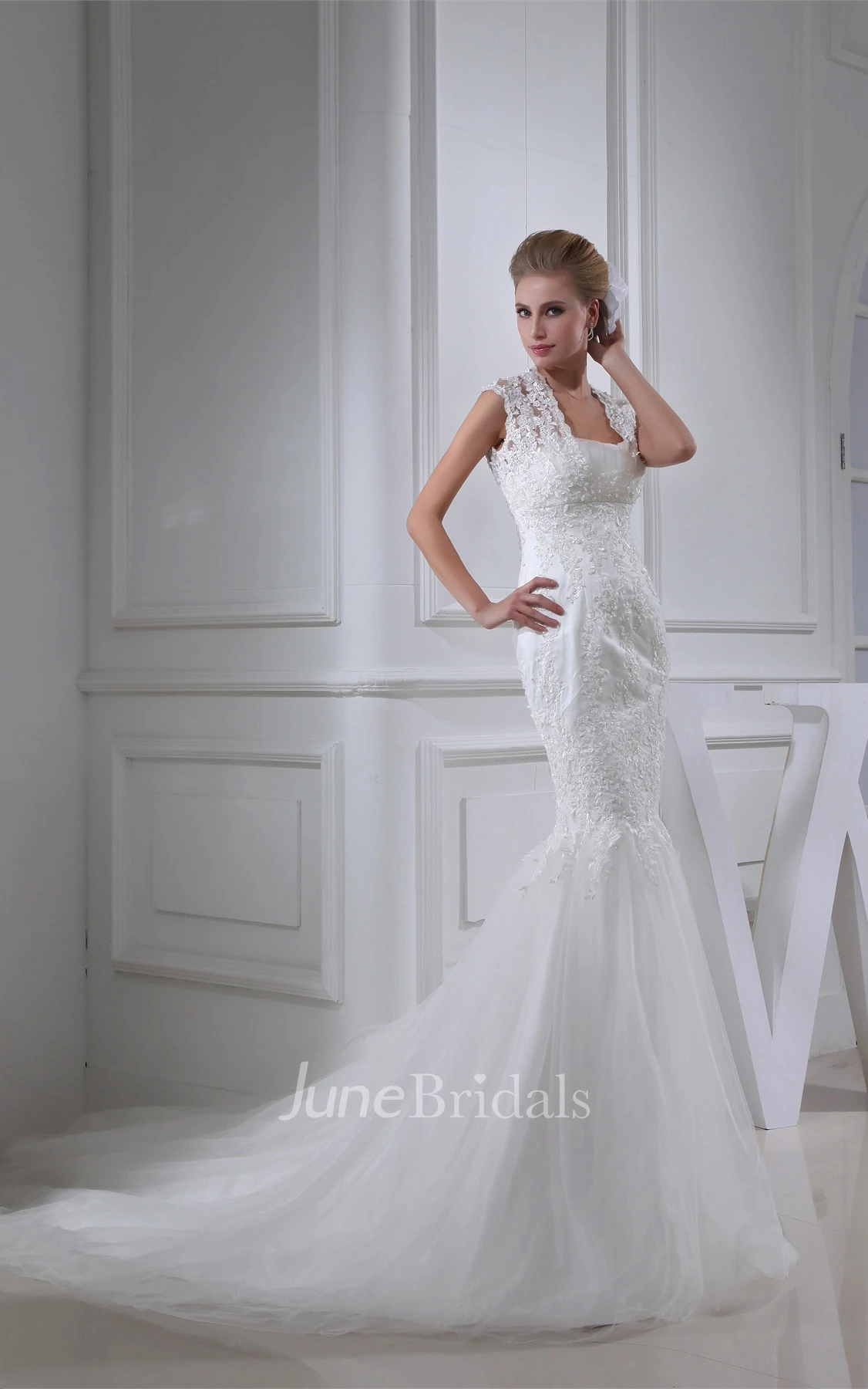 Queen-Anne Mermaid Tulle Dress with Appliques and Court Train