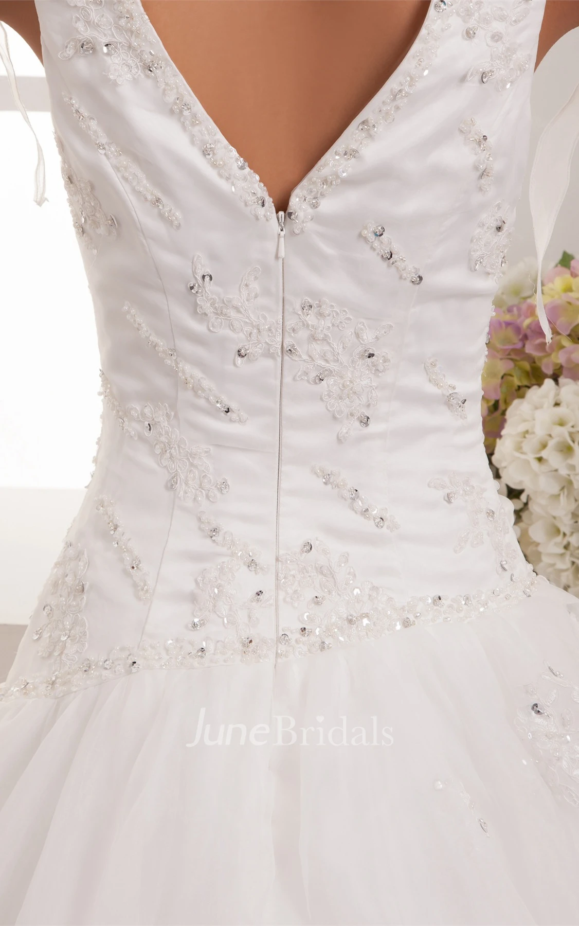 Plunged Tulle A-Line Gown with Pleats and Crystal Detailing