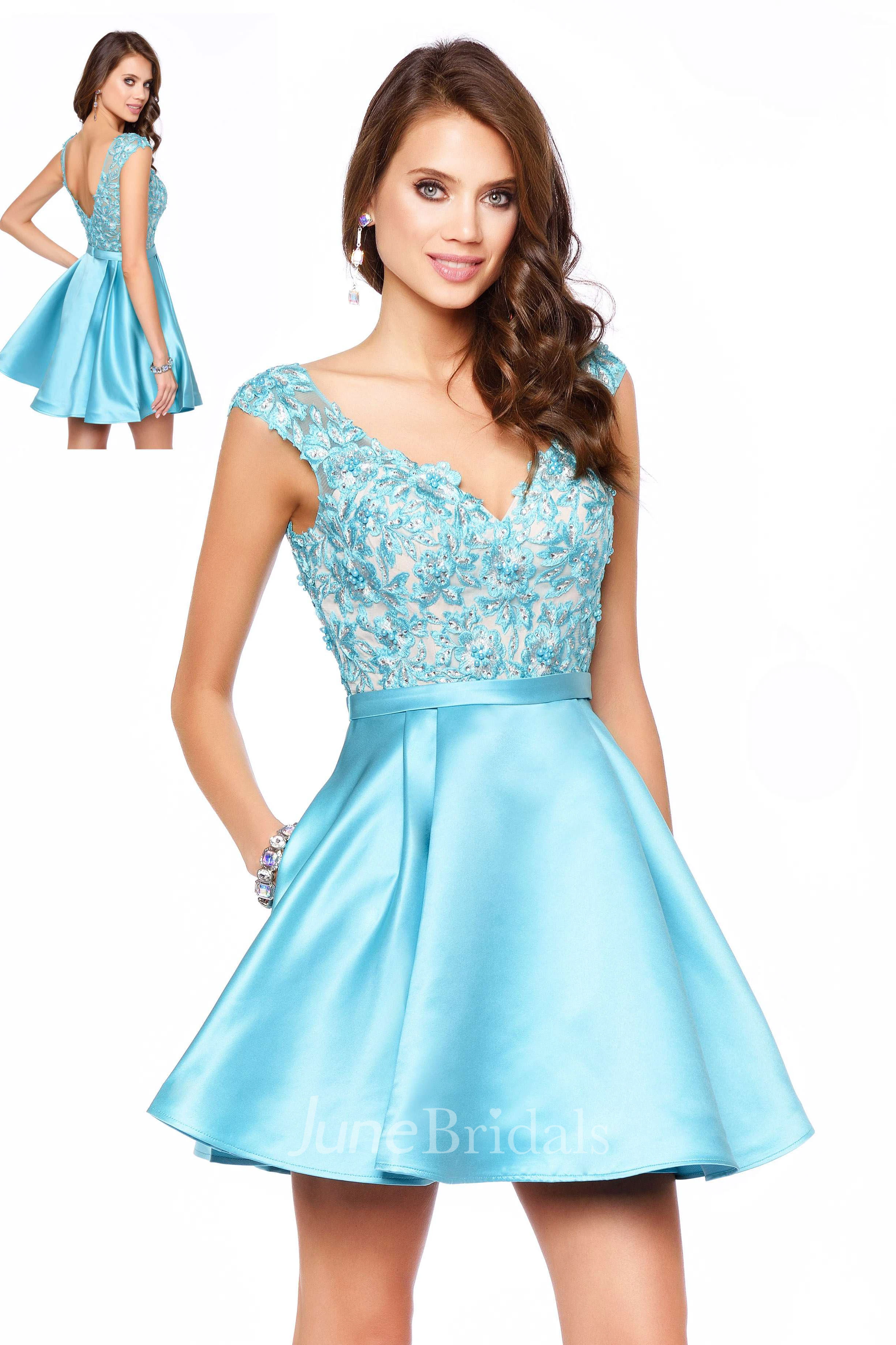 A-Line Mini V-Neck Cap-Sleeve Satin Low-V Back Dress With Appliques