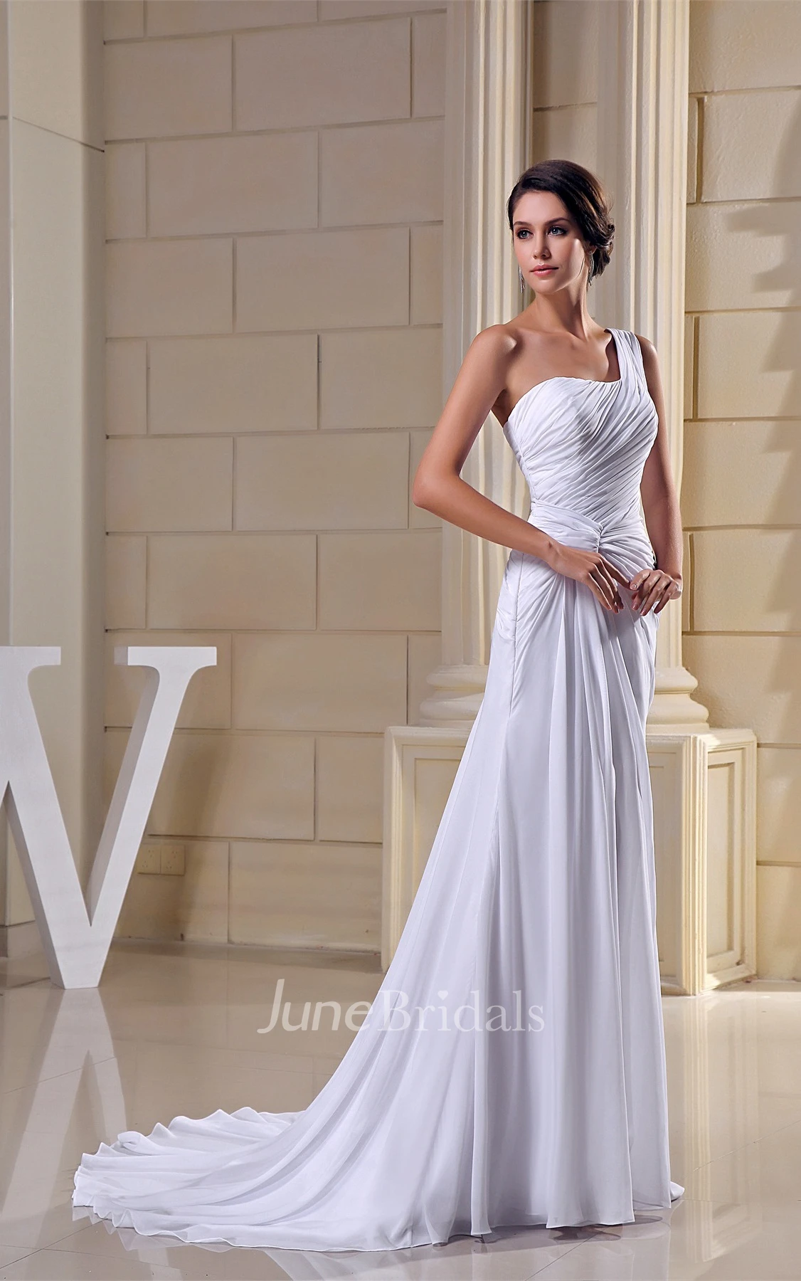 Criss-Cross One-Shoulder Ruched Chiffon Gown with Pleats and Court Train