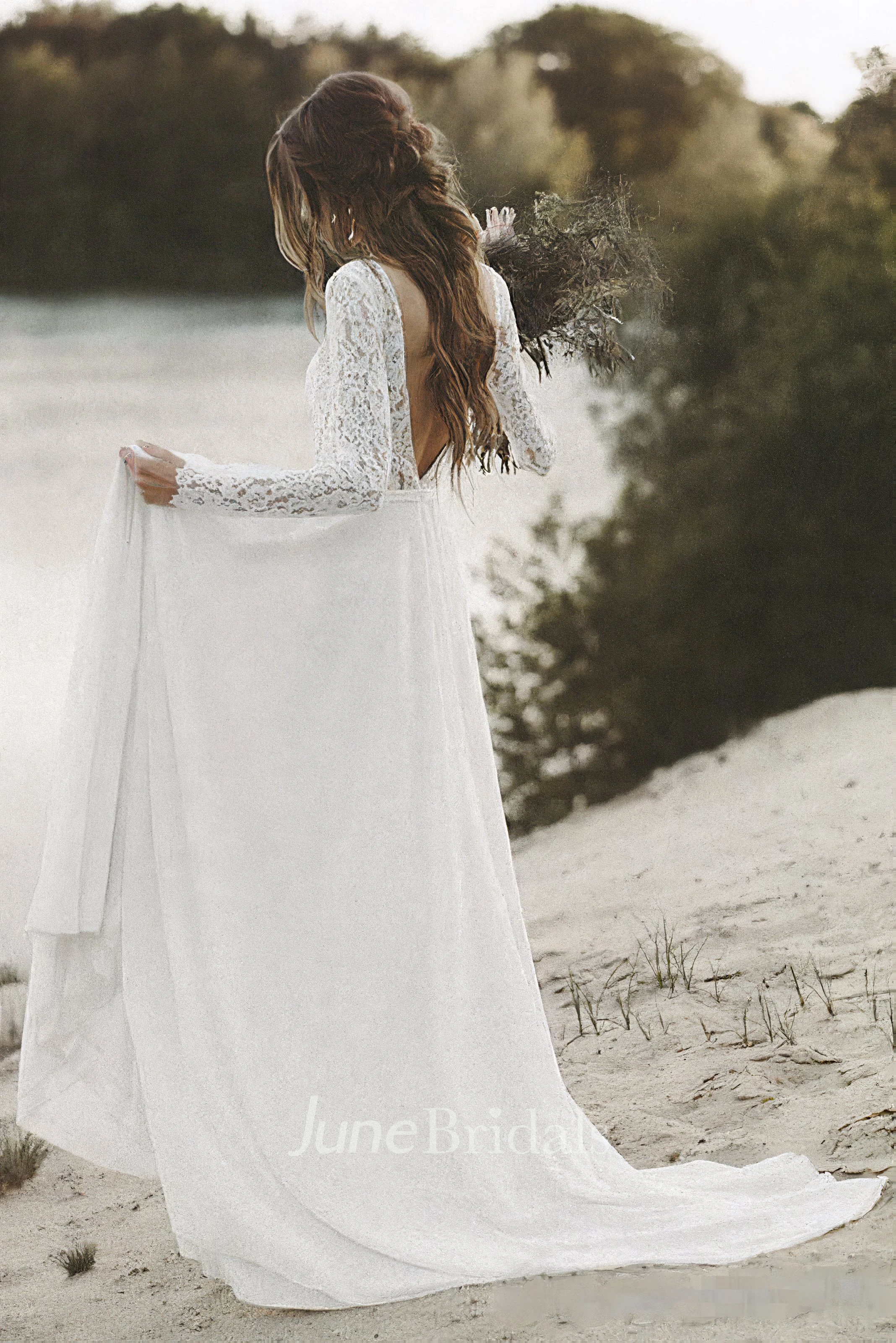 Simple V-neck A-line Long Sleeves Wedding Dress with Lace