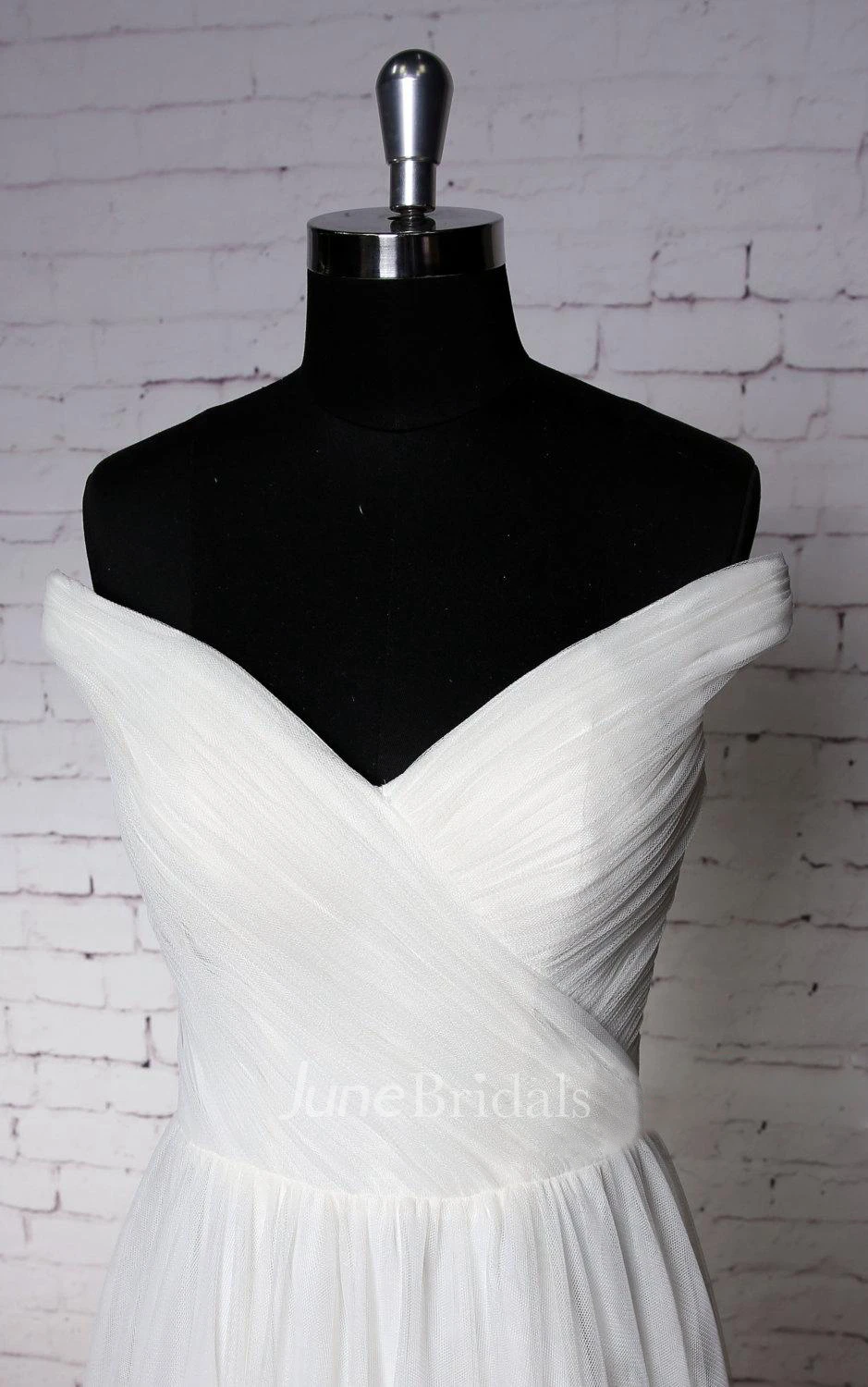 Plain Off-Shoulder Tulle Wedding Dress With Ruching and Pleats