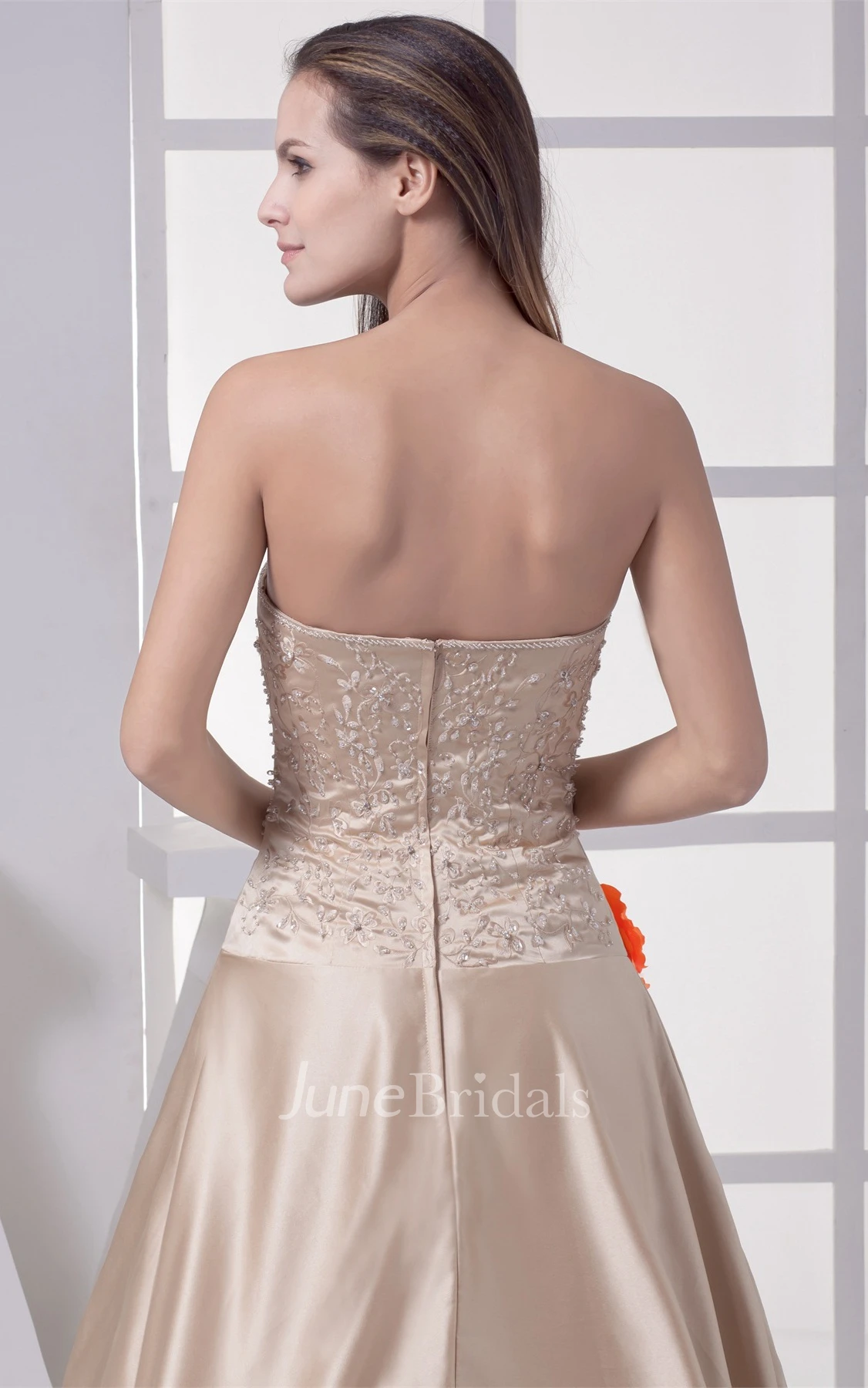 Strapless Side Draping A-Line Bodice Gown with Flower and Beading Embellishment