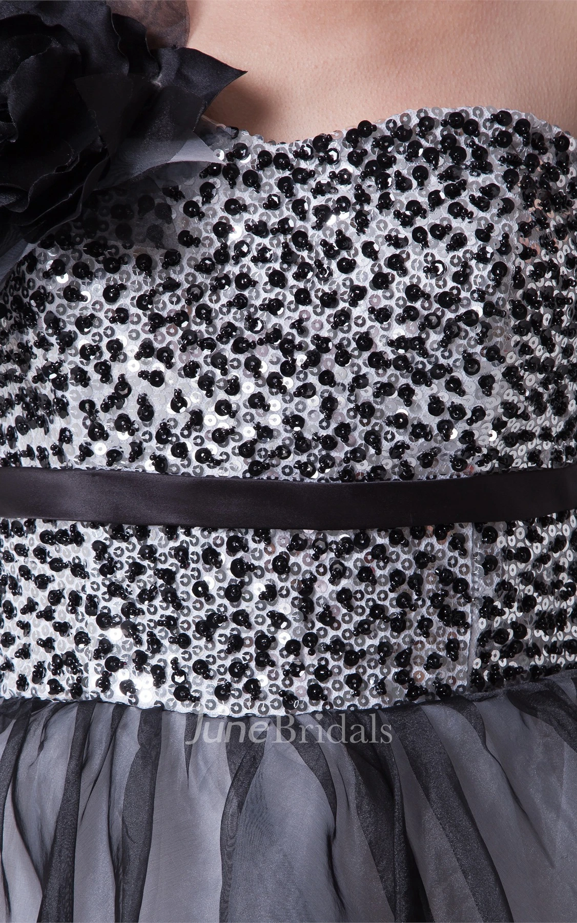 High-Low Flowered One-Shoulder Beaded Bodice Gown with Layered Ruffles