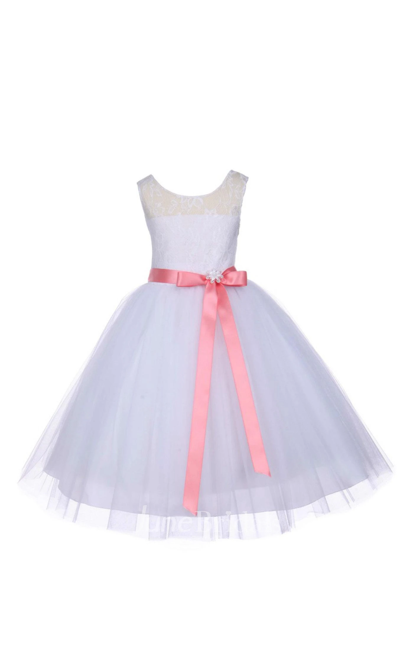 Sleeveless White Lace Bodice Tulle Flower Girl Dress With Ribbon Rhinestones