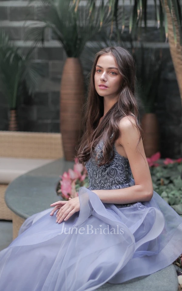 Elegant A-Line Spaghetti V-neck Tulle Sleeveless Evening Dress