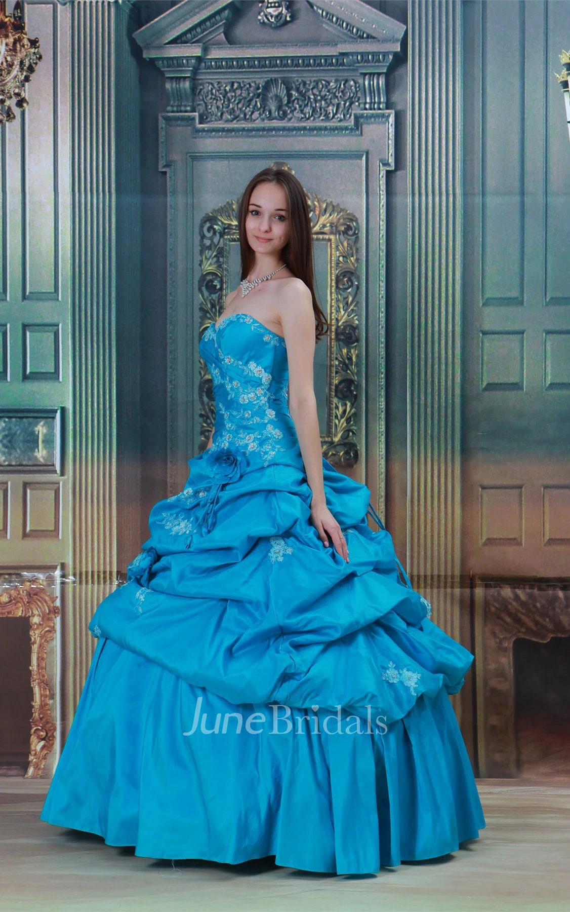 sweetheart a-line ball pick-up gown with flower and appliques