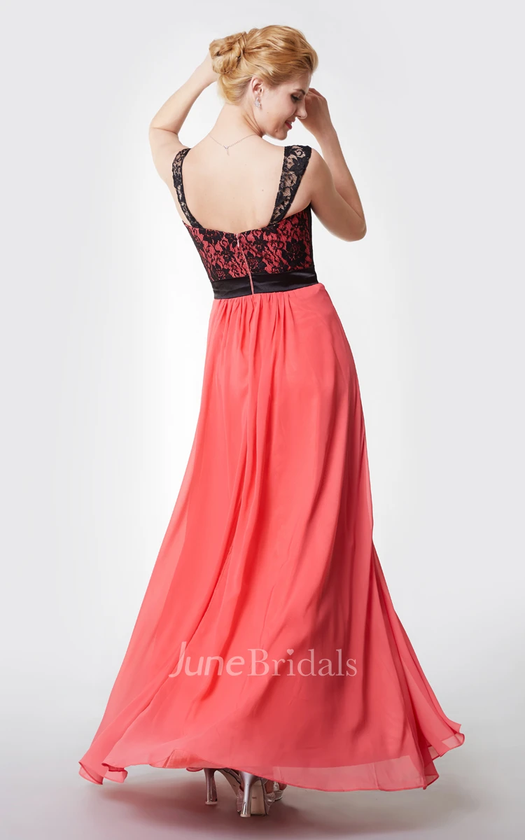 A-line Lace Strap Chiffon Gown With Satin Belt