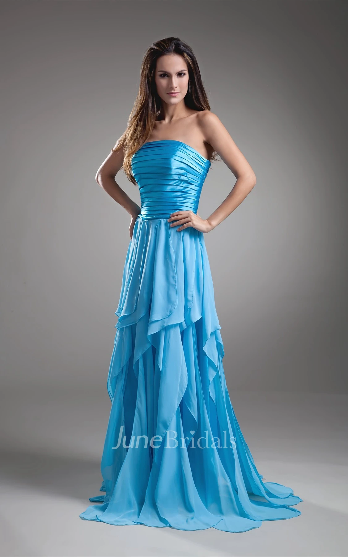 Strapless Draped Floor-Length Dress with Ruched Bodice