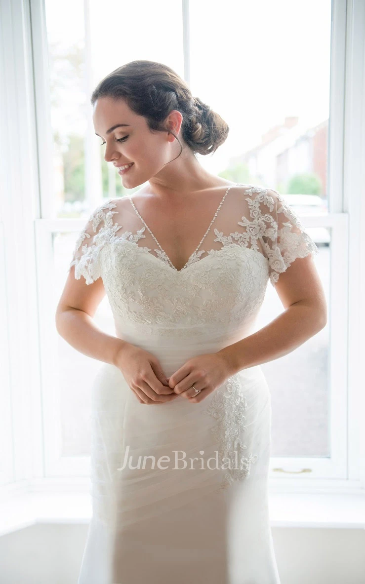 Sheath Long V-Neck Short Sleeve Tulle Brush Train Ruching Dress