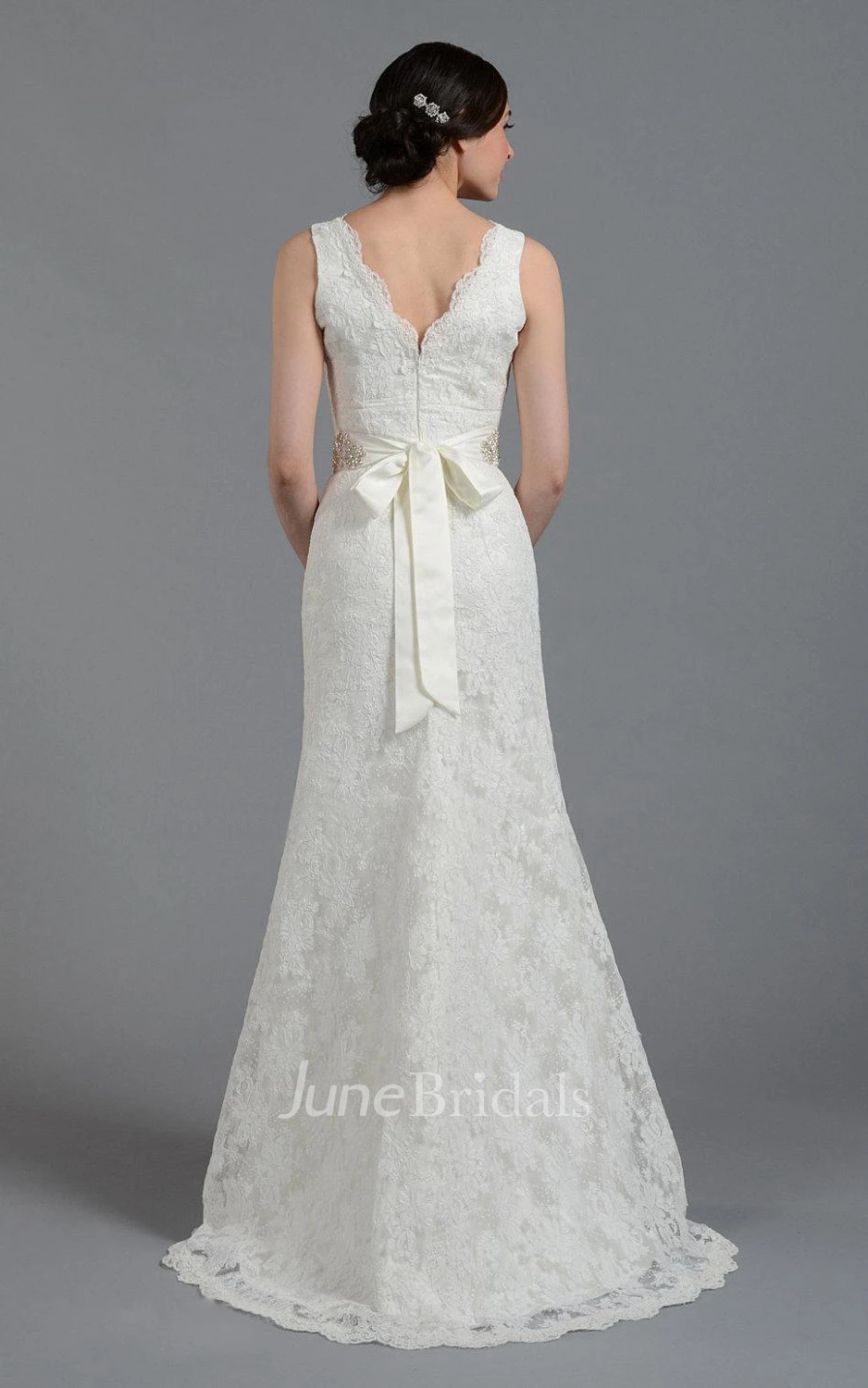 Elegant V-Neck Long Lace Wedding Gown With Beading