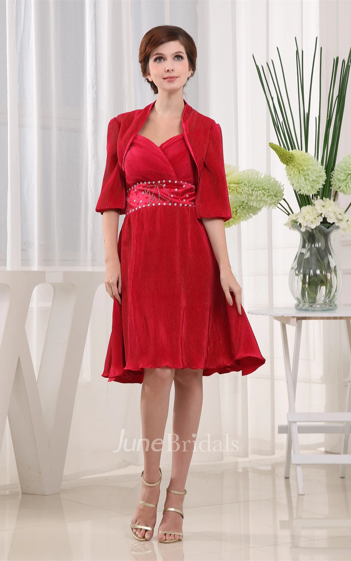 Ruffled Hem Ruched Knee-Length Dress with Bead Waist and Bolero
