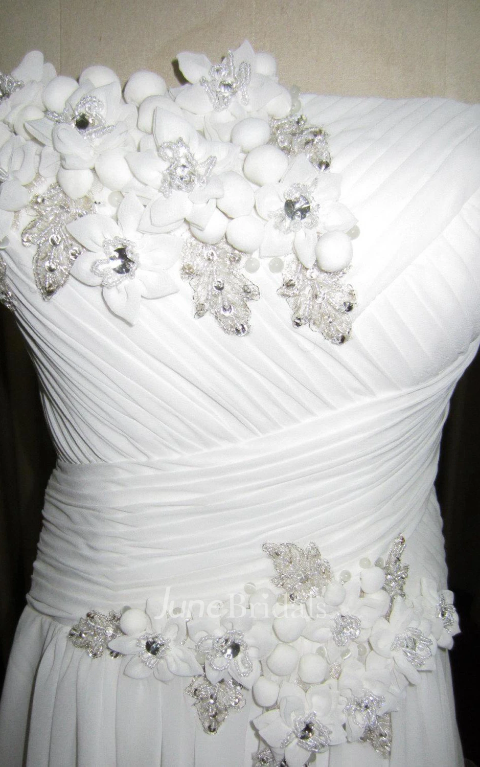 A-Line Chiffon Satin Dress With Pleats Beading Appliques Flower