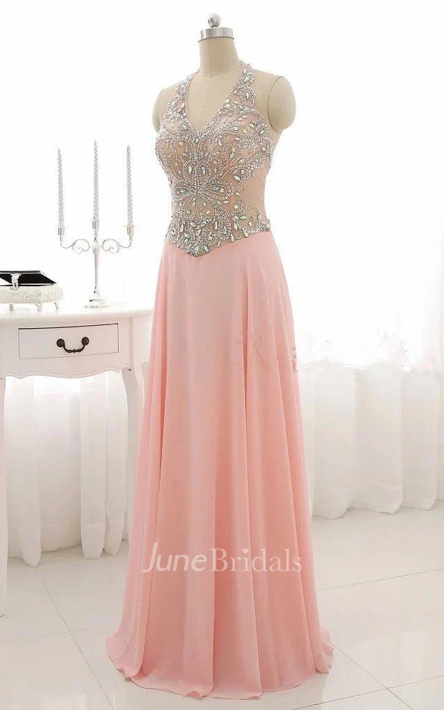 Floor-length Halter Backless Chiffon Dress With Beading