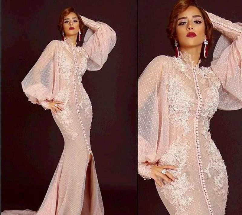 Modern High Neck Long Sleeve Mermaid Prom Dress With Lace Appliques