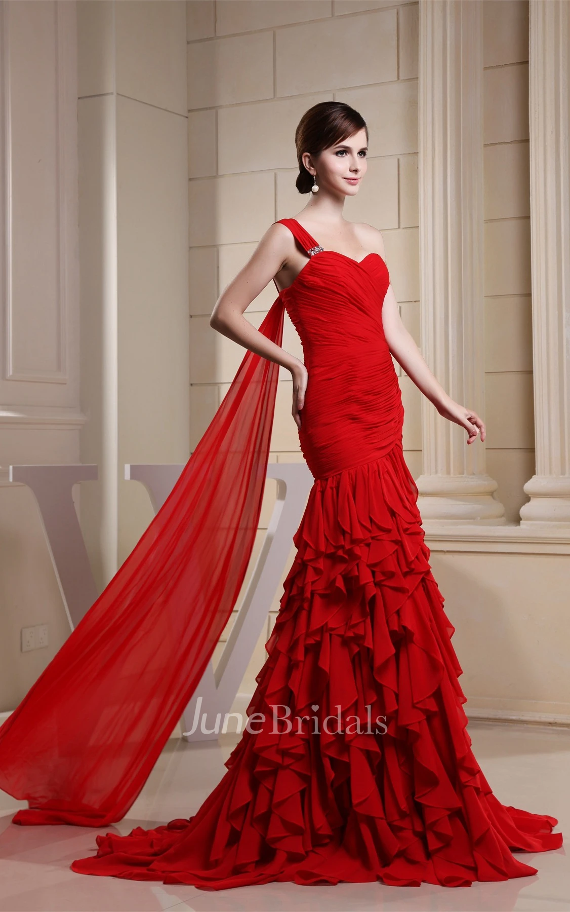 Sweetheart Ruched Chiffon Maxi Dress with Single Strap and Cascading Ruffles