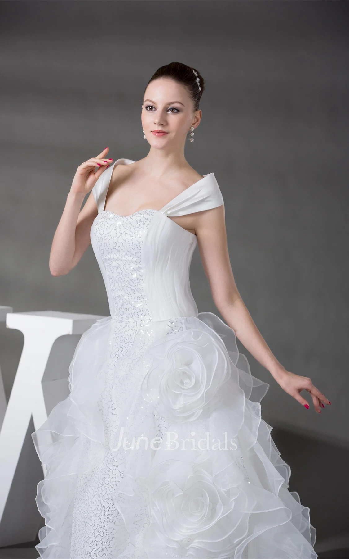 Caped-Sleeve Ruffled Ball Gown with Sequins and Flower