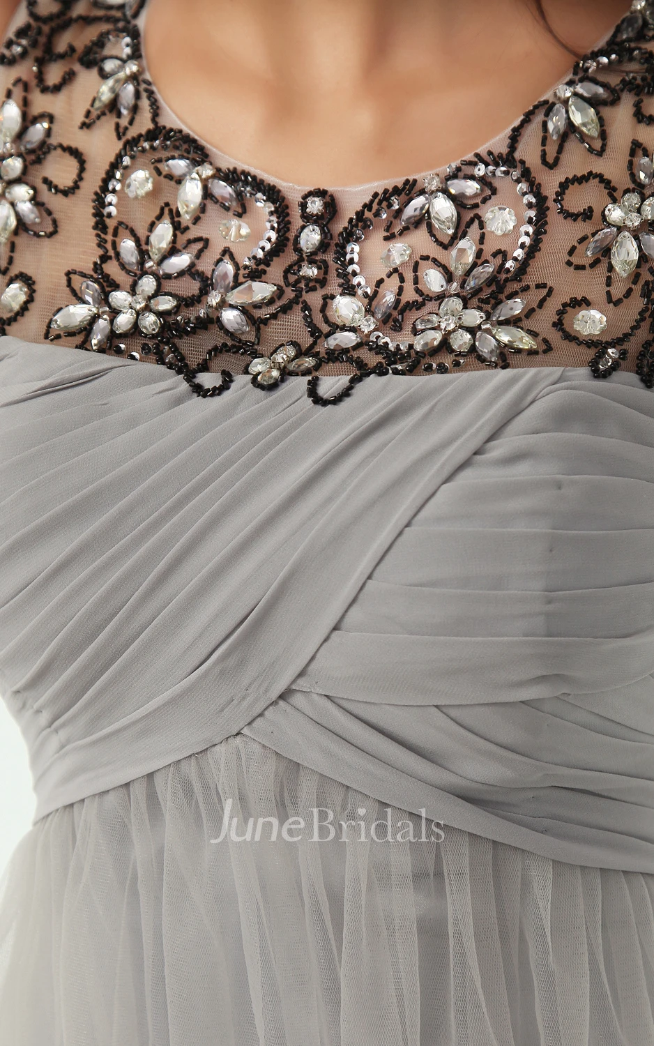 Empire A-Line Modest Scoop Neckline Tulle Gown With Crystal Detailing Top