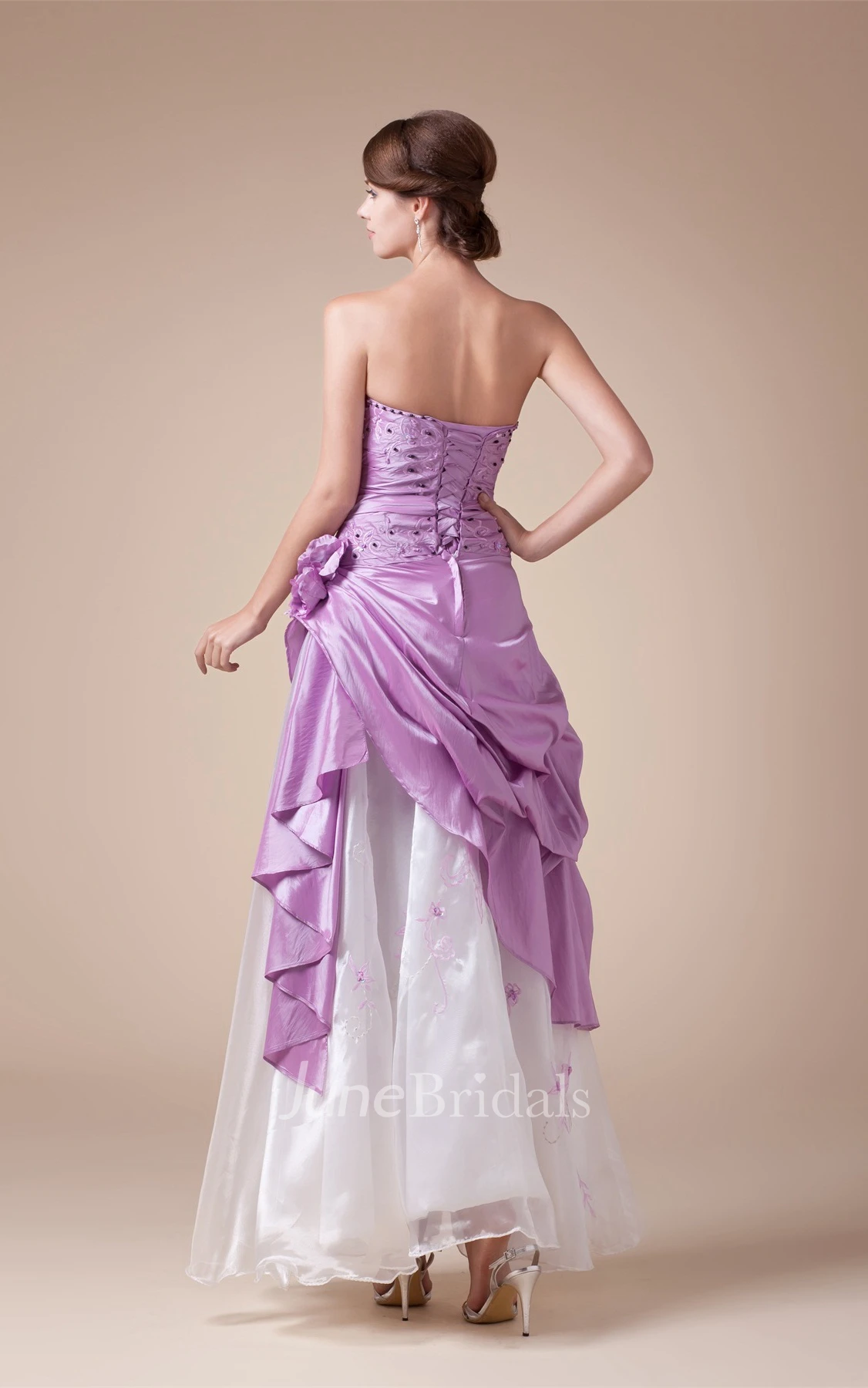 Two-Tone Strapless Pick-Up Floor-Length Dress with Rhinestone and Flower