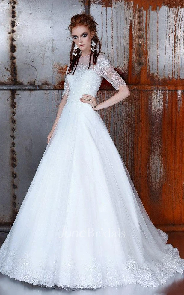 Ball Gown A-Line Half Sleeve Lace Dress With Illusion Back