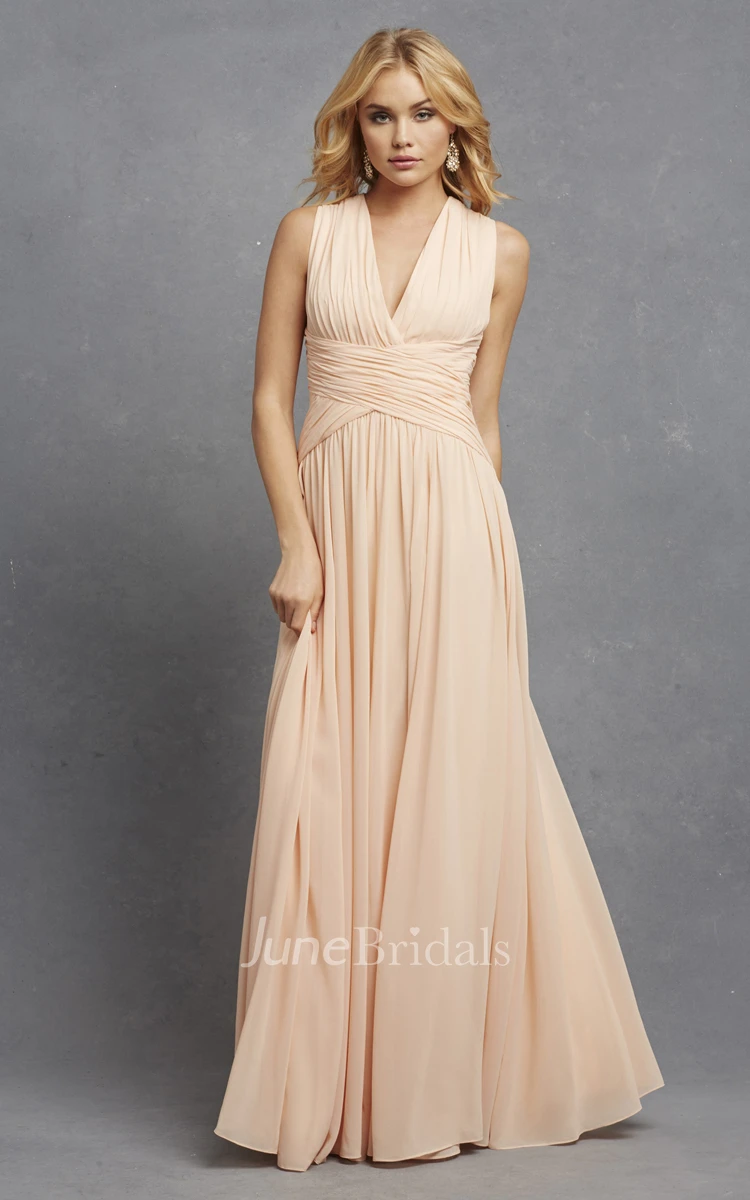 Sleeveless Chiffon V-Neck Dress With Crisscross Ruching