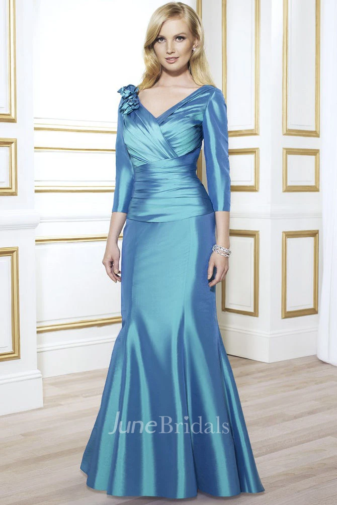 Satin Ruched Long-Sleeve V-Neckline Mother Of The Bride