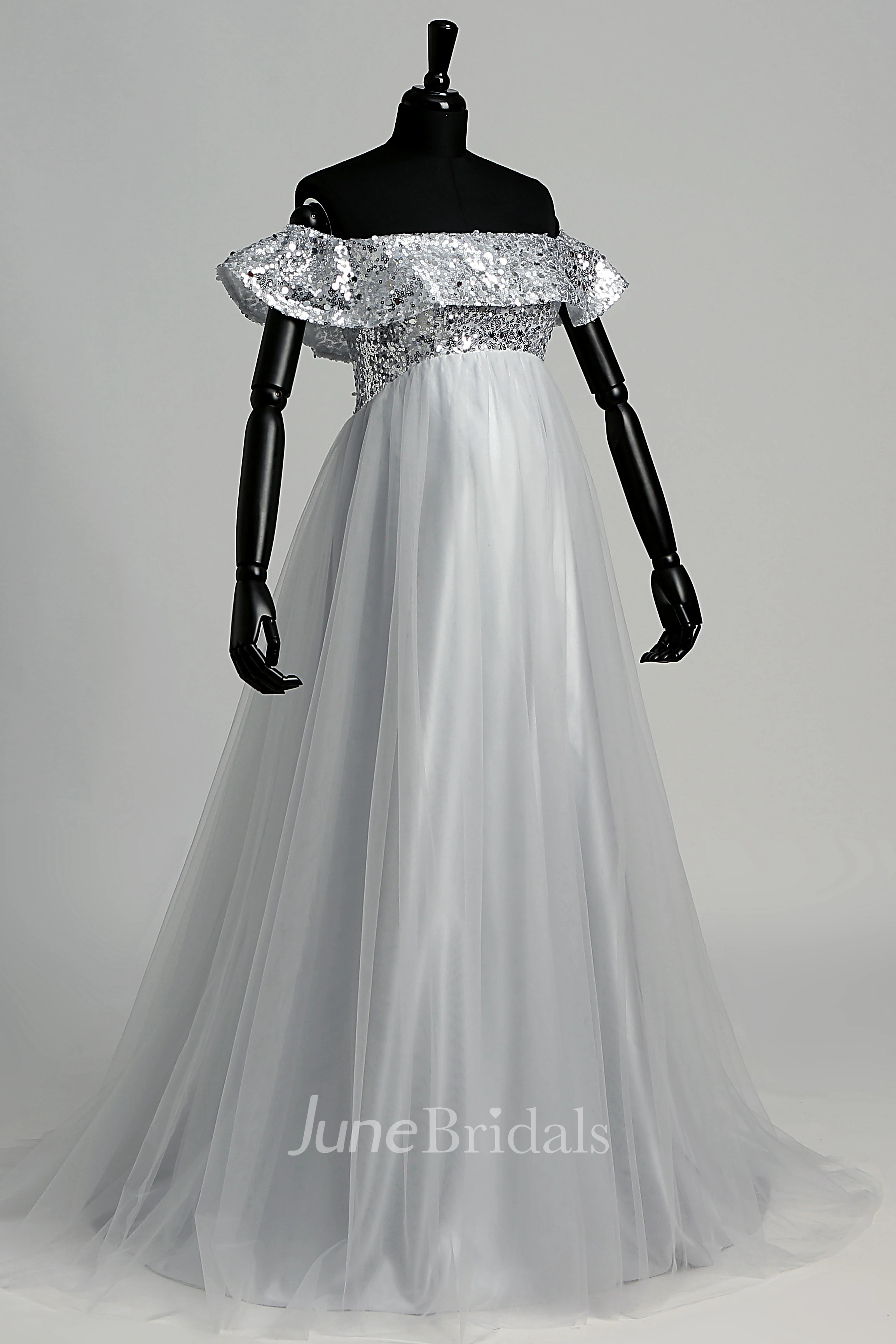 Strapless Sequined Bodice Empire Pleated Tulle Maternity Dress