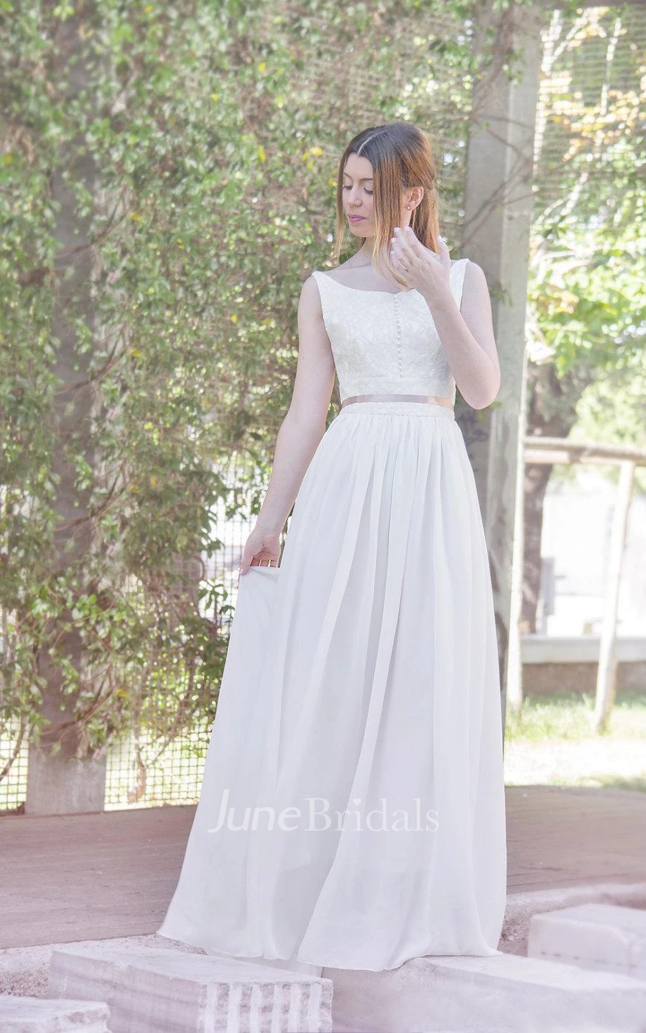 Boho Long Chiffon Wedding Gown With Lace Bodice and Crystal Detailing