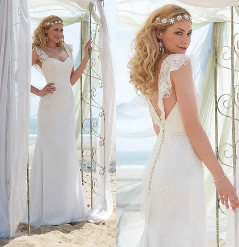 Romantic Cap Sleeve White Wedding Dress Zipper Button Back