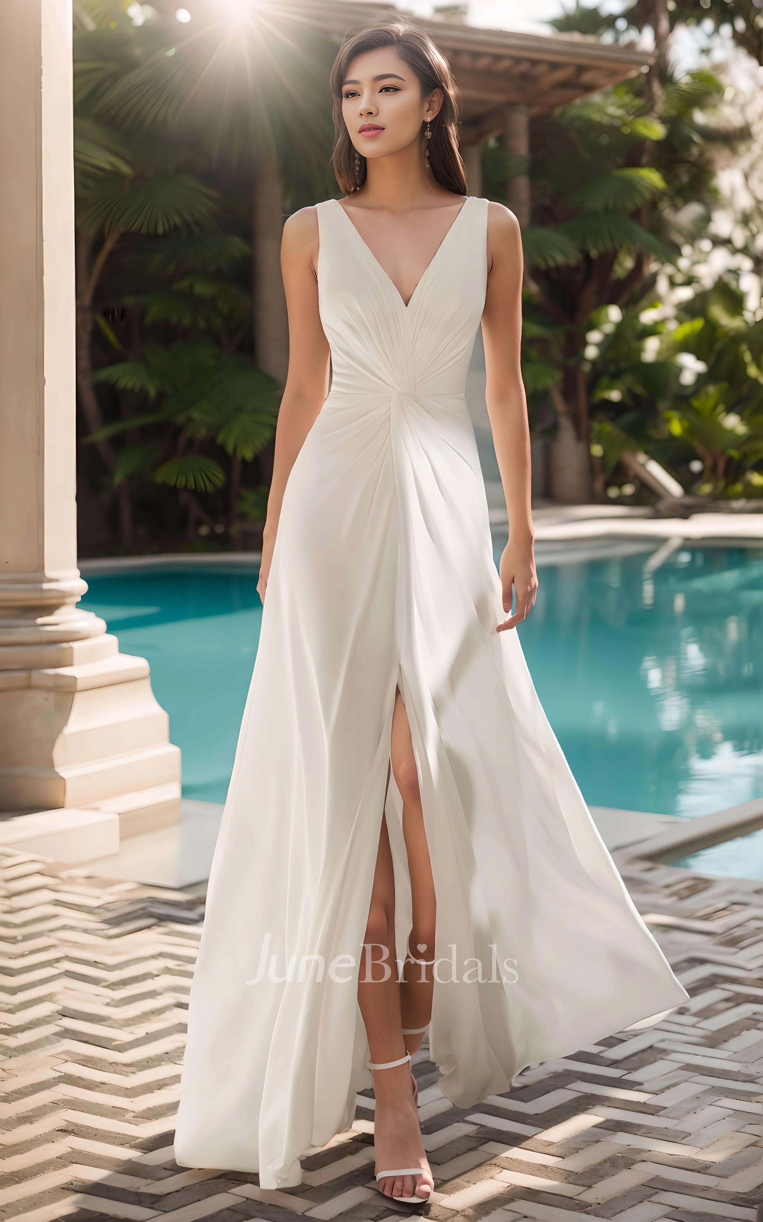 Vintage Simple Sheath Sleeveless V-neck Ruching Chiffon Wedding Dress Casual Elegant Solid Floor-length Split Front Bridal Gown with Button Zipper Deep-V Back
