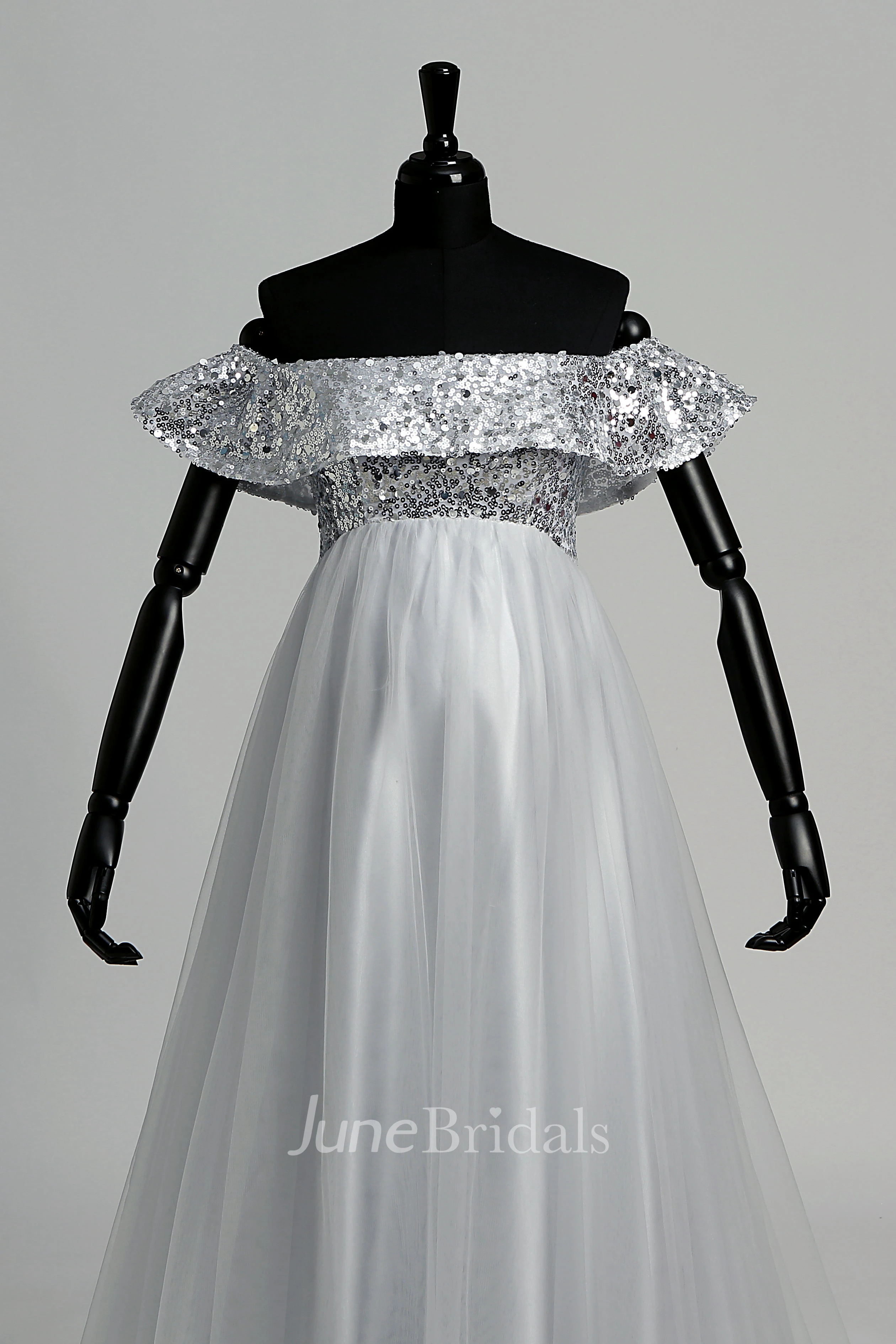 Strapless Sequined Bodice Empire Pleated Tulle Maternity Dress